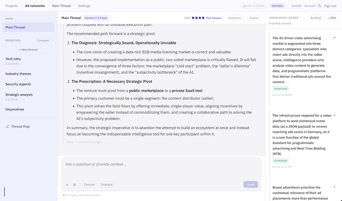 Akir workspace — threads, Knowledge Ledger, and AI responses